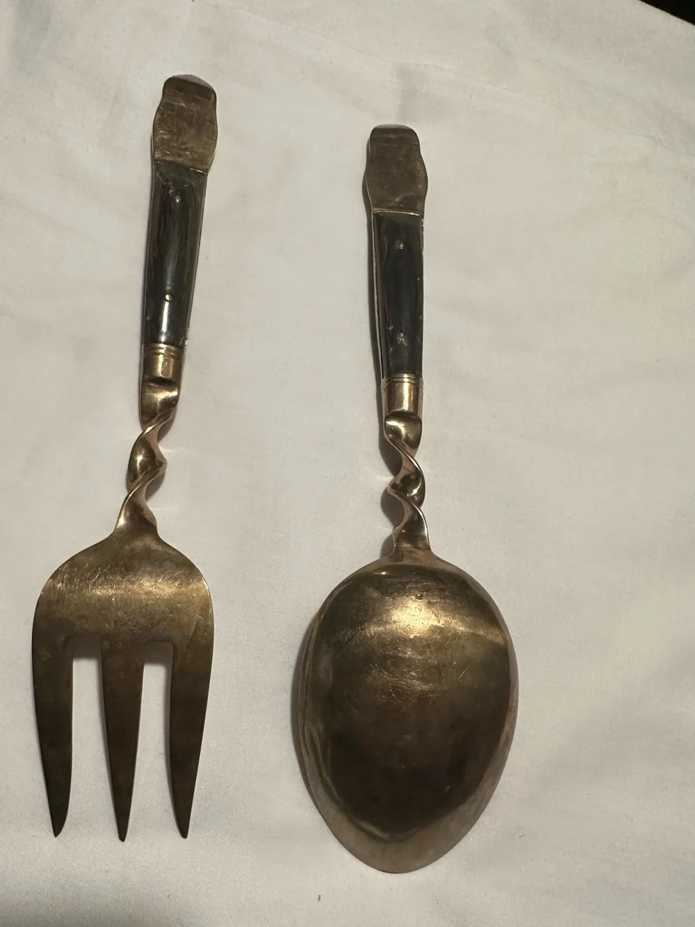 Twisted-Handle Brass Serving Spoon and Fork Set with Brown Handles